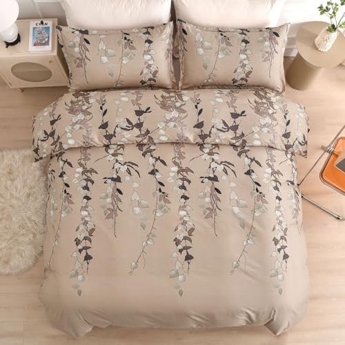 Double Duvet Cover Bed Cover Set Botanical Brown Bedding Set Polyester Breathable Stylish with Pillowcases 3PCS, Brown Leaves, 200x200cm