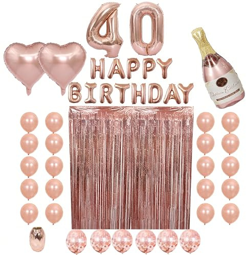 Joybble 40th Rose Gold Birthday Balloons for Women, 40 Inch Self Inflating Number Balloon 16 with Rose Gold Confetti Balloons, Foil Letters Heart Champagne Bottle Balloon for Party Decorations