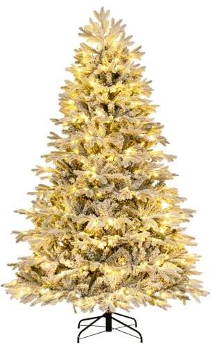 COSTWAY Albero di Natale Innevato 135/180/215 cm, Albero di Natale Pre-Illuminato con 200/350/450 Luci LED Bianche Calde, 688/1022/1328 Punte di Rami PE PVC, per Casa, Negozio e Ufficio (215 CM)