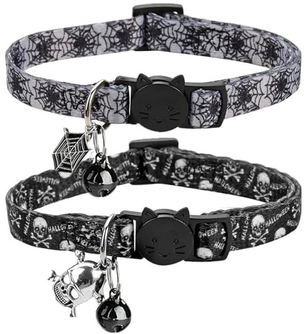 Wasise Gothic-Katzenhalsband, 2 Stück, Katzenhalsband mit Glöckchen, verstellbares Spinnennetz- und Totenkopf-Design, Katzenhalsbänder, Halloween-Tierhalsbänder mit Glöckchen, stilvolles