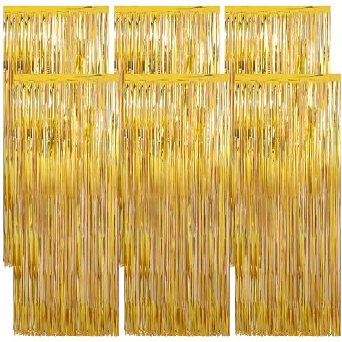 6 Pcs Rideau Métallique de Frange Doré, 1x2 m Brillant Tinsel, Décoration en Feuille de Paillettes, Aluminium Doré Shimmer pour Fête de Mariage Anniversaire Noël