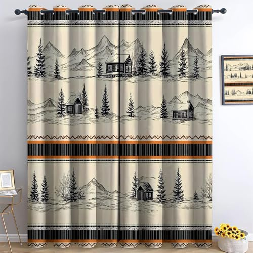 Campagna Neve Baita Montagne Tende Oscuranti Interni Isolanti Termiche con Anelli Tenda Finestra per Camera da Letto e Soggiorno Tende per Salotto 2 Pezzi, 70 x 160 cm, Beige