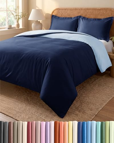 Bettwäsche-Set 3-teilig 155x220 Kissen 80x80 - Marineblau / Hellblau | Gebürstet, Reißverschluss, Eckbänder, Weich, Knitterfrei, Atmungsaktiv, Pflegeleicht, Einzelbett, Bettgarnitur, OEKO-TEX
