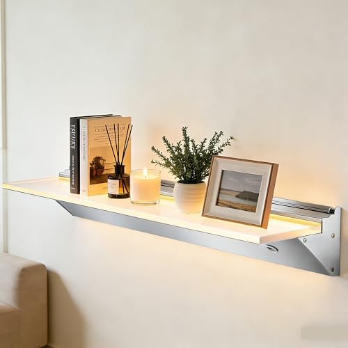 SUNXURY LED Wandregale 60cm Glasboden Regal mit LED-Beleuchtung für Wohnzimmer, Bar aus Aluminium und 8 mm Satiniertes gehärtetes Glas(Geätztes Satinierung), 3 Farbe modi, sensorgesteuert