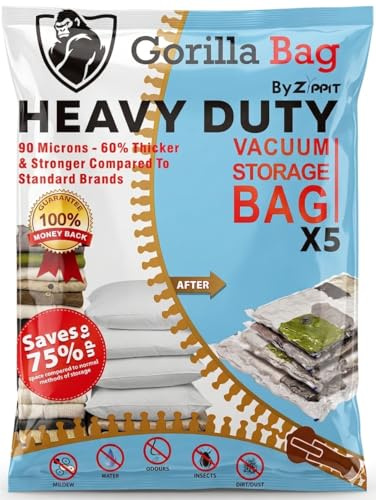 HEAVY DUTY 5 VACUUM STORAGE BAGS by Gorilla Bags, Extra Large 100x80cm. Extra Strong 90 Microns. Double Zip Seal & Unique Turbo Valve Keeps Items Compressed For Longer.