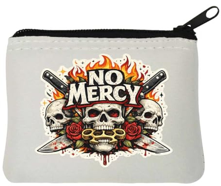 No Mercy Skull and Brass Knuckles Neoprene Coin Purse Pouch 10x11cm White