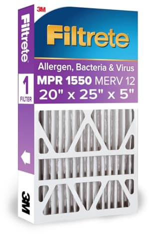 Filtrete 20x25x5 Air Filter MERV 12, MPR 1550 Certified Asthma & Allergy Friendly 1-Pack, Fits Trion AirBear, AC Furnace HVAC Filters, Pleated Electrostatic (Actual Size 19.56 x 24.13 x 4.75 in)