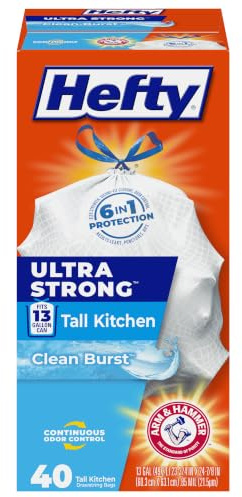 Hefty Ultra Strong 13 Gallon Trash Bags, Tall Kitchen Trash Bags 13 Gallon Size, Drawstring Closure, Continuous Odor Control, White, Clean Burst Scent, 40 Bags