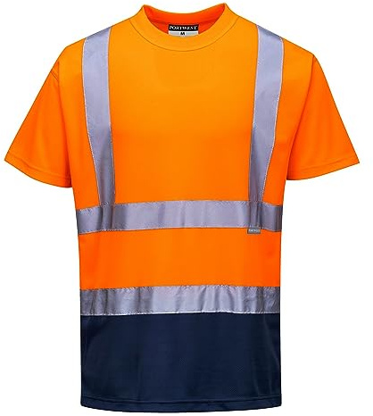Portwest S378 Zweifarbiges Warnschutz T-Shirt Normalgröße Kurzarm Polyester | Orange/Marine, M, EN ISO 20471 Klasse 2, Verschweißte Kragennaht, Großzügige Passform
