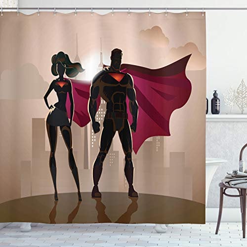 ABAKUHAUS Superhelden Duschvorhang, Stadt-Held Hot Paar, Stoffliches Gewebe Badezimmerdekorationsset mit Haken, 175 x 180 cm, Beige Braun Magenta