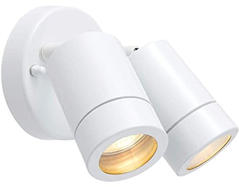 National Lighting IP44 Rated Outdoor Twin Spotlights, Gloss White Steel Adjustable Tilt Outside Lights, Mains Powered Security Spot Lights, 2X 7W 240V LED GU10 (Not Included)