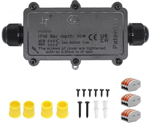 Verteilerdose, Abzweigdose, Junction Box, HUYU IP68 elektrische Außenverteilerdose, Erdkabel Anschlussdose, mit M20 verstellbaren Kabelverschraubungen, für Kabeldurchmesser Ø 5mm-12mm, 2-Wege