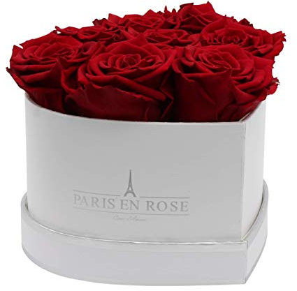 PARIS EN ROSE Rosenbox HERZ | mit 8 bordeaux-roten Infinity Rosen Größe XL | herzförmige Box in Weiß mit Silber | ewige Rose | 3 Jahre haltbar | Grußkarte