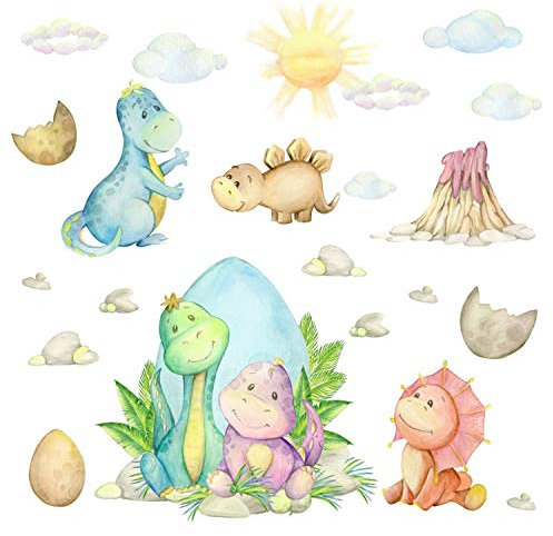 194 Wandtattoo Baby Dinosaurier - Aquarell Vulkan Sonne Wolken Größe 2000 x 1120 mm