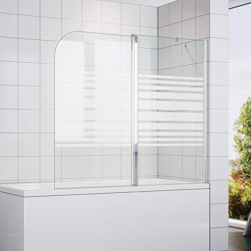 SONNI Duschwand für badewanne 2 Teilig 120x140cm (BxH) Milchglas Streifen 180° Duschwand Badewannenaufsatz, mit Stabilisator