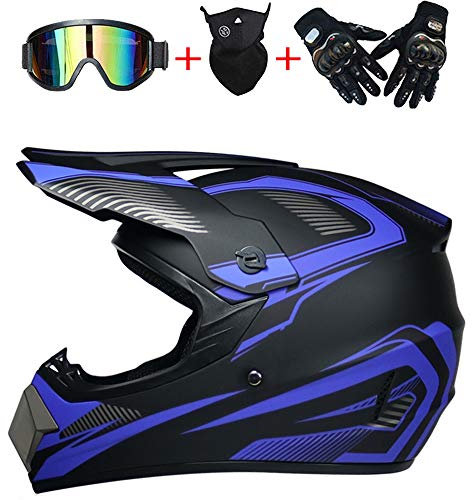 AKBOY Casque Motocross Casque de VTT Moto Casque Complet Hommes Noir Bleu Full Face Quatre Saisons Cross-Country Casque De Course BMX Downhill Dirt Bikes Cross Casque,avec Lunettes Gants Masque,VOMI,S