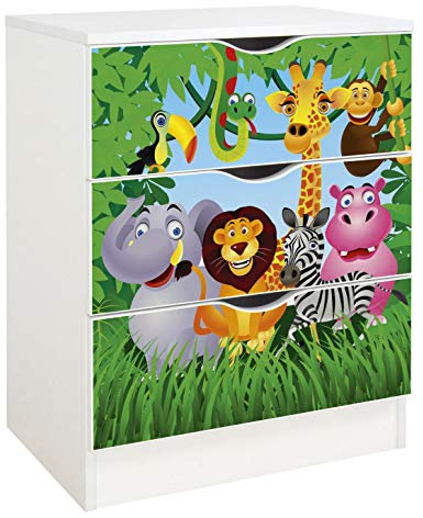 Leomark Weiß Kommode mit 3 Schubladen - Roma - Möbel für Kinderzimmer aus Holz, Skandinavischer Stil, Dim: 60x42x78 (Höhe) cm (Tiere)