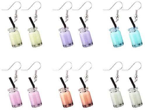 Daimay 6 Pairs Water Bottle Charm Earrings Water Bag Shape Acrylic Drink Bottle Dangle Drop Earrings Set Creative Unique Bubble Boba Tea Dangle Earrings Set for Women Girls