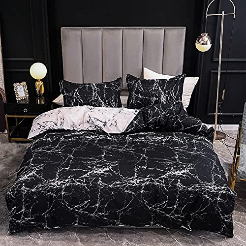 Gezu Bettwäsche 135×200cm 4Teilig Marmor Optik Schwarz Weiß Grau Wendebettwäsche Set Microfaser 2 Bettbezüge und 2 Kissenbezüge 80x80cm mit Reißverschluss