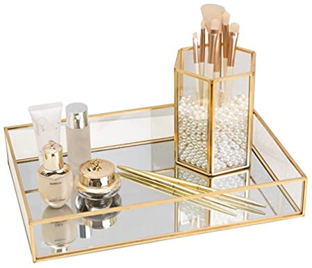 Gold Mirror Tray Perfume Display Jewelry Organizer Makeup Tray Serving Trays Beautiful Art Decor Ornate Tray Bathroom Trays Neatens up Storage For Vanity, Closet, Dresser (Gold, 25 * 18 * 4.5cm)