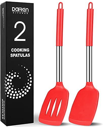Lot de 2 grandes spatules de cuisine en silicone sans BPA,Ustensiles de cuisine en acier inoxydable pour la cuisson, la friture, les sautés, résistantes à la chaleur,Cuillère solide et fendue (Rouge)