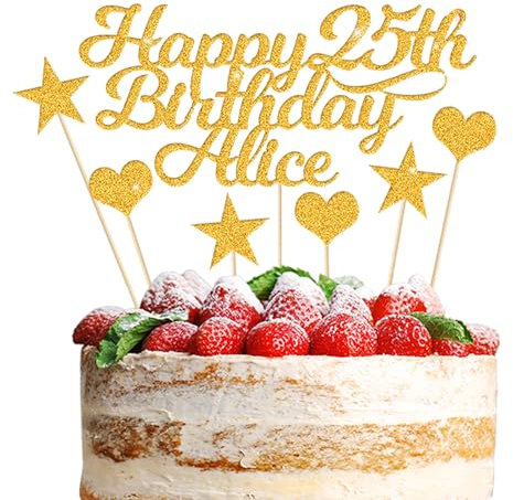 Happy Birthday Cake Topper Personalised 3 Star 3 Heart Customised Any Name Party Cake Decoration Gift Card 1st 18th 21st 30th 45th 60th 80th 100th for Girl Boy Mom Dad Grandparent (Gold)