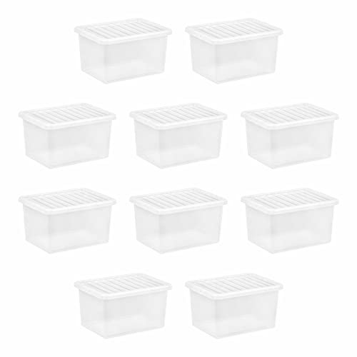 M1SS (Set of 10) - 25L Litre Clear Plastic Storage Box With Crystal Lids Home Office Stackable Nestable Container Made in U.K, Black