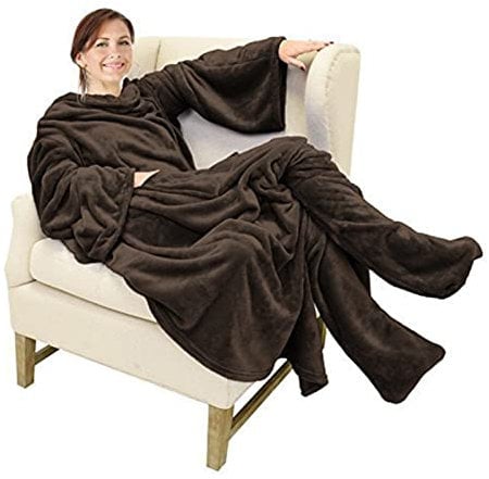 HZXY Fleece Wearable Blanket with Sleeves & Foot Pocket for Adult Women Men, Super Soft Comfy Warm Plush Throw with Sleeves TV Blanket, for Lounge Chair Couch (Brown)