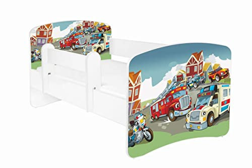 AS-TOR Kinderbett Jugendbett Hugo 80x160cm mit Matratze und Abnehmbarem Geländer - Bett Schlafzimmer Kindermöbel Kinderbetten für Mädchen und Junge, Massivholz, Solide und Sicher - Feuerwehrleute
