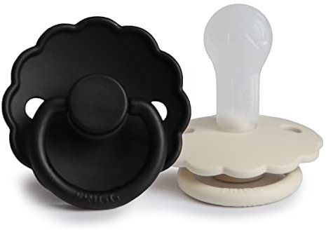 FRIGG Daisy Silikon Schnuller | Schnuller 2 Packung | Symmetrischer Sauger in Kirschform | BPA-frei | Hergestellt in Dänemark | Silikon Schnuller | (Cream/Jet Black, Größe 2 (6-18 Monate))
