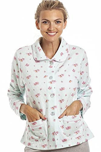 Camille Womens Lightweight Mock Quilt Bed Jacket - Luxury Floral Collared Soft Feel Sleep Top - Button Up & Long Sleeved