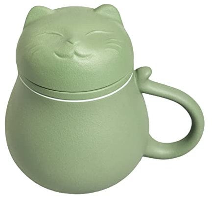 Hanbosym Ceramic Tea Cup with Infuser and Lid(13.5oz), Tea Mug with Cute Cat Design Filter for Steeping Loose Leaf, Gift for Holiday Birthday Warm House. (Green)