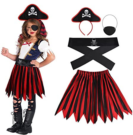 Aomig Costume de pirate pour Fille avec cache-œil de pirate Chapeau bandana jupe Rouge, Pirate Déguisement Accessoires pour Halloween Carnaval(L)