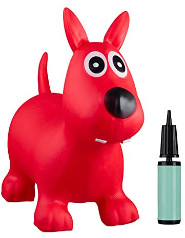Relaxdays 1 x Hüpftier Hund, inklusive Luftpumpe, Hüpfhund bis 50 kg, Hopser BPA frei, für Kinder, Hüpfspielzeug, rot