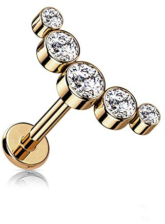 Treuheld® Labret Piercing mit runden Kristallen | Größe: 1.2mm x 6mm | Farbe: rosegold - Kristalle: klar