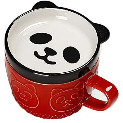Smallterm Tasse à Café Japonaise Mignonne en Céramique Panda avec Couvercle à Couple de Lait - Tasse à Déjeuner (Rouge)