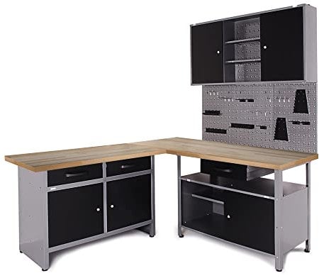 Ondis24 Werkstatt Ecklösung Basic One, Buchenholzarbeitsplatte, 2X Werkbank, 1x Werkzeugschrank, Werkzeugwand - Lochwand+Haken Set inkl. Polstermatten und Beleuchtung