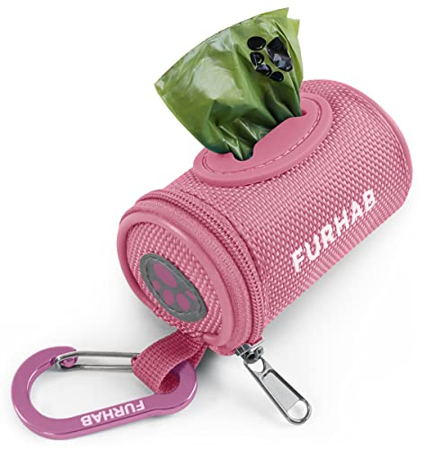 FURHAB Dog Poop Bag Holder for Leash Doggie Waste Bag Dispenser Soft Fabric Puppy Potty Carrier Small Doggy Zipper Pouch with Carabiner Clip 1680D Nylon Oxford with 1 Roll of Pet Trash Bags, Pink