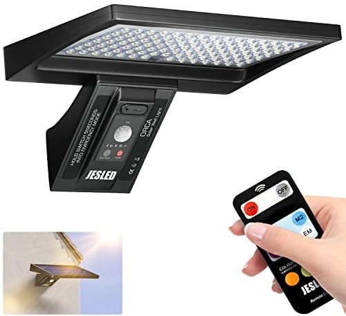 JESLED Solarlampen für Außen, 104 LED Solar Strahler Außen mit Fernbedienung, 3 Farbtemperaturen(3000K-6000K), 4 Modi LED Solar mit Bewegungsmelder für Garten, Garage, Haustür