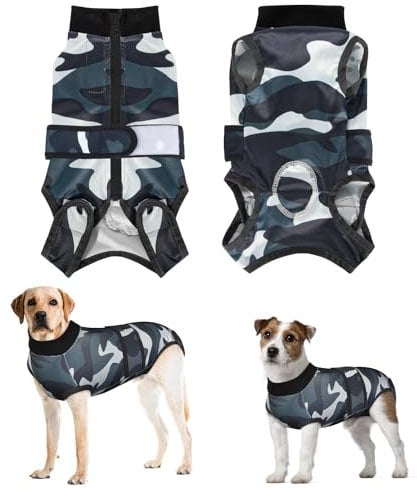 Eyein Hundebody Nach Op, Wundschutzanzüge für hündin Rüde mit Reißverschluss und Klettverschluss Gürtel - Anti-Lecken und Wundschutz, Atmungsaktiv Einteiler für Hunde Nach Op (Camouflage, L)
