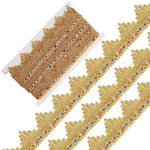 GORGECRAFT 5 Yard Metallischer Spitzenbesatz 3.8cm Breite Gimpengeflecht Fransen Goldfarbene Stickerei Venedig-Bandkante Mit Pailletten Dreieck Basteln Nähen Bekleidungszubehör Kleidung Dekoration