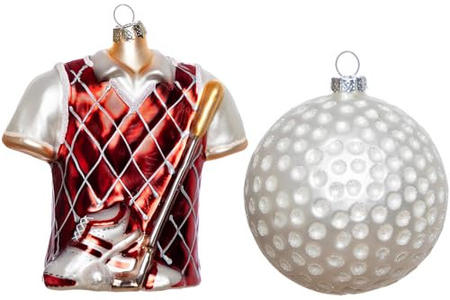 2 Stück mundgeblasenes Glas Golf Sport Ornamente für Weihnachtsbaum, Premium Hängende Glas Golfball Spieler Weihnachten Ornament