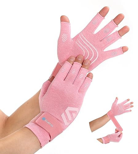 Duerer Arthritis-Kompressionshandschuhe mit Riemen, Damen Herren für RSI, Karpaltunnel, Rheuma, Sehnenscheidenentzündung, Handschmerzen, Handstütze. Fingerlose Handschuhe für Computer (Rosa, L)