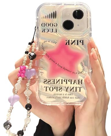 Fycyko Case for iPhone 14& iPhone 13 with Phone Charm/Chain,Sparkly Pink Star Pattern Clear Cute Phone Case with Pearl Love Heart Bracelet,Luxury Bling Women Girl Phone Case for iPhone 14/13