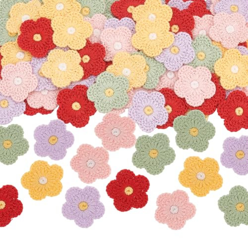 FINGERINSPIRE 100 Stück 5 Farben Häkelblumen Applikation 26 mm Nähblumen Stoffflicken Handgefertigte Strickblumen Gehäkelte Blumenverzierungen Für Kleidung Reparatur DIY Handwerk Dekor