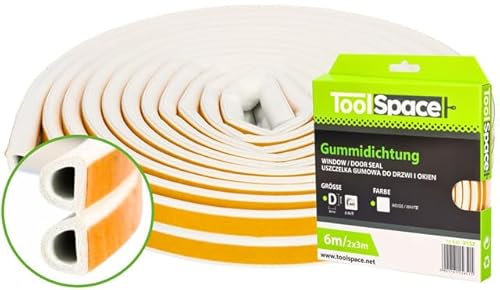 ToolSpace | Nastro sigillante autoadesivo per porte e finestre | 6m | Profilo D Bianco | Guarnizione per porte e finestre | Nastro sigillante anticollisione | Guarnizione in gomma
