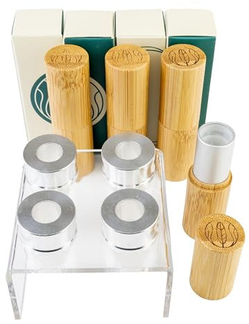 Wachsmann, Lippenstifthülsen leer Bambus, DIY-Set zum Befüllen, Silikonform, Zubehör, 4 Stück, Lippenbalsam selber machen, 4,5 ml, graviert