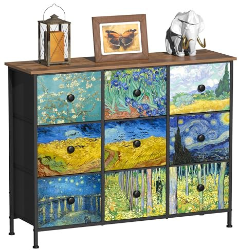 VEDECASA Kommode mit Schubladen Van Gogh Schrank Aufbewahrungsschrank 9 Schubladen aus Stoff mit Griffen für Schrank Wohnzimmer Kinderzimmer Metallrahmen Holzplatte Stoffkommode