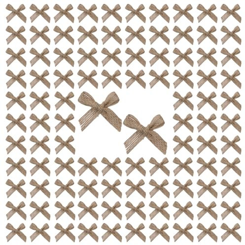 WANDIC Decorative Burlap Bow, 100Pcs Premade Natural Linen Ribbon Bow Twist Tie Bows Mini Bows for Favors Decor Gift Wrap DIY Craft