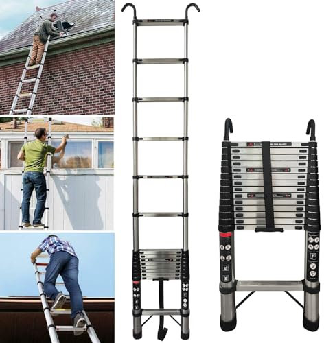 Scaletta Telescopica Acciaio inossidabile con 2 Ganci, 13 Gradini, 5 m Scala Allungabile, Scala Portatile e Leggera, Forte e Stabile, Multiuso, Portata 150 kg, EN131